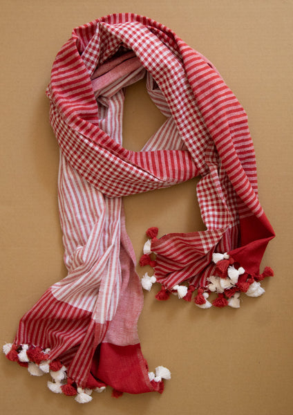 Handgewebter Schal aus Bio Baumwolle rot weiß gestreift