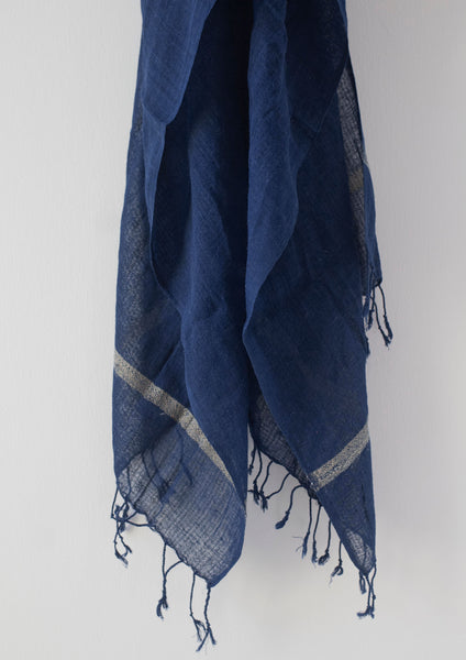 Schal aus Tussah Seide und Bio Baumwolle - Indigo Blau